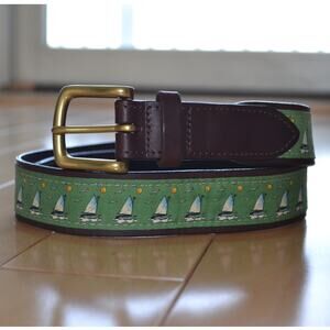 Vineyard Vines Green Sailboat Leather Belt Size 30